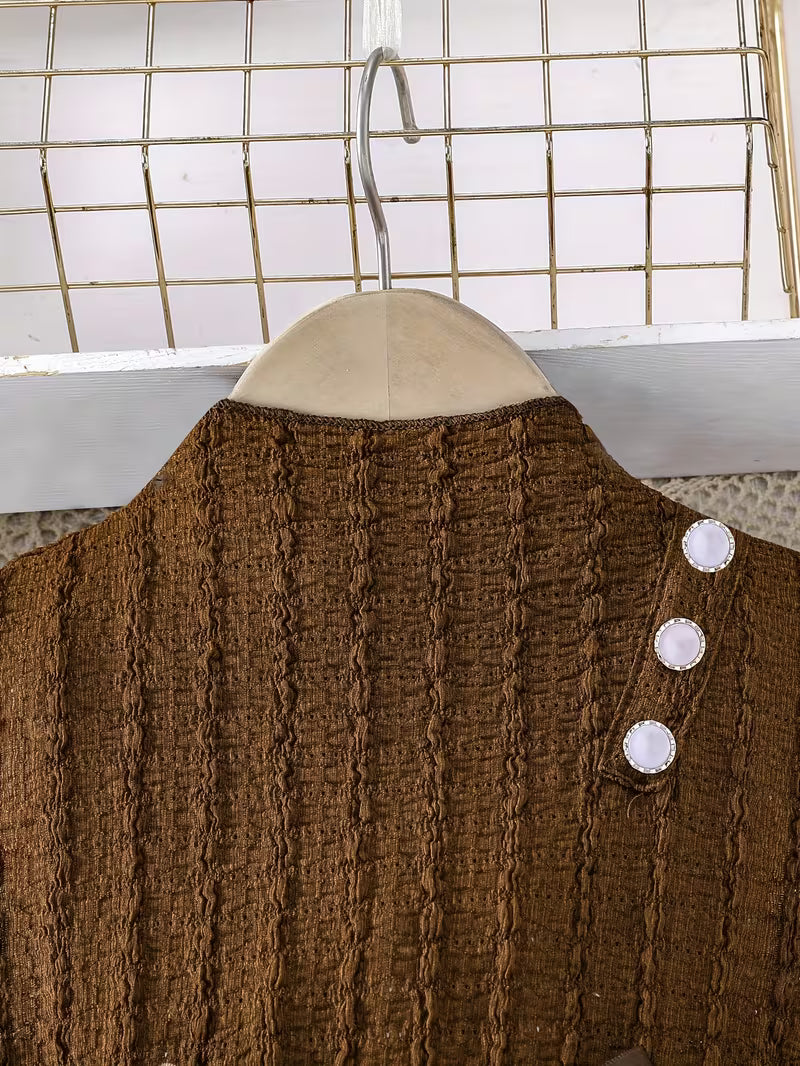 A Romantic And Elegant Sleeveless Dress with a Half-High Collar, Pearl Buttons, And a Mesh Belt, Perfect for Outdoor Casual Wear And Parties