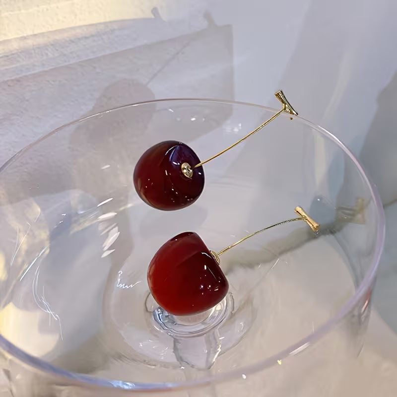 Elegant Burgundy Long Cherry Earrings for Women - Chic Resin & Alloy Fashion Accessory
