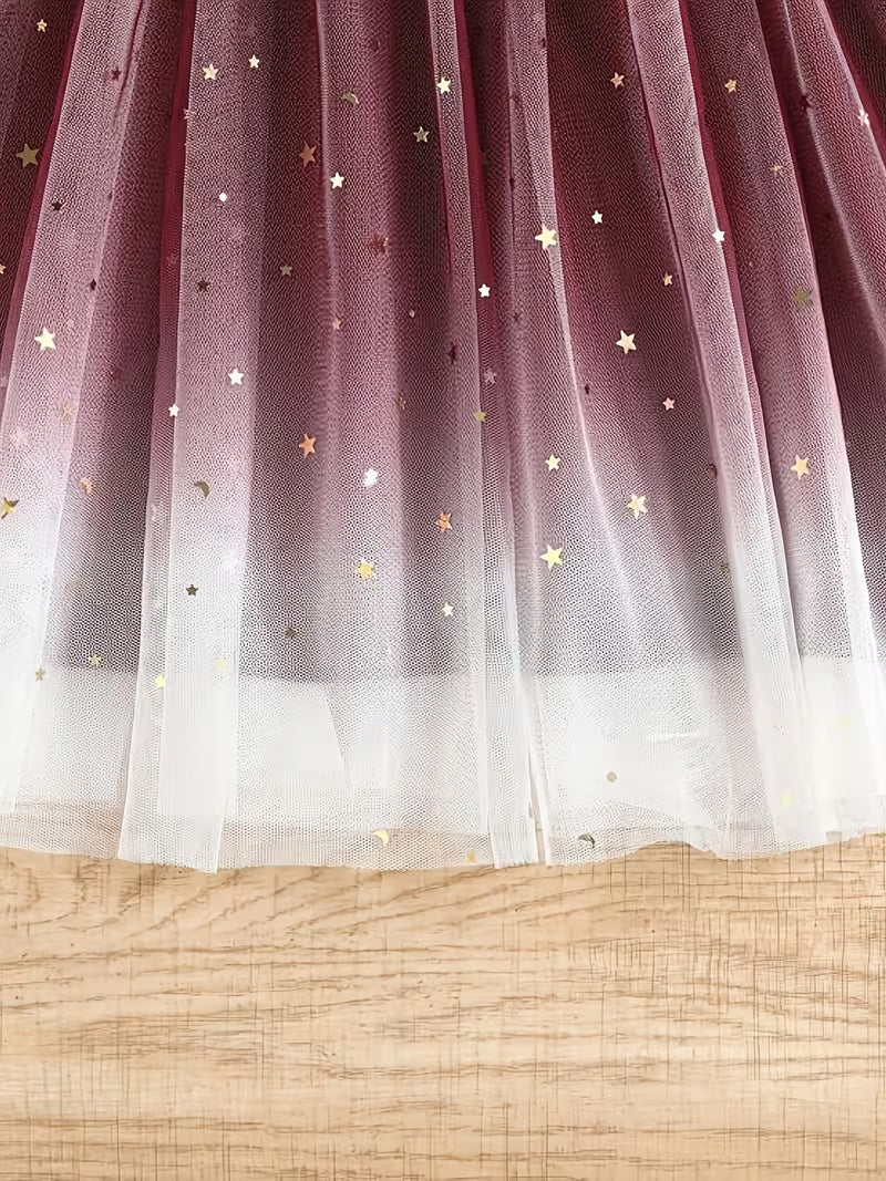 A Vintage Elegant Starry Sky Sequined Mesh Ruffled Lace Hem Princess Dress with a Belt, Perfect for Christmas, Valentine'S Day Gifts, Holiday Parties, Gatherings, Birthdays, Evening Events, Or Everyday Wear