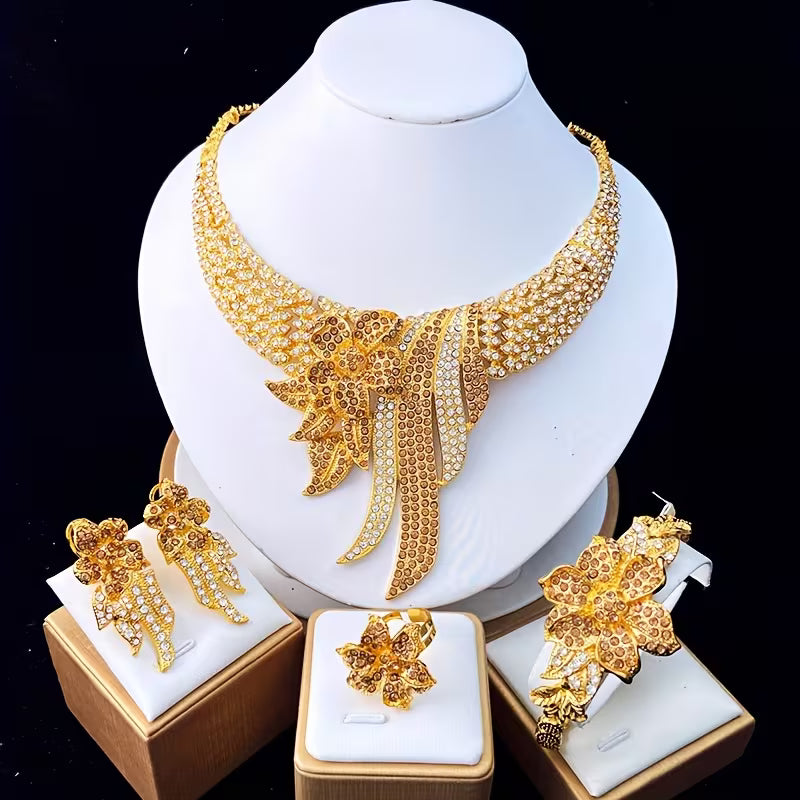 5pcs Women's Jewelry Set Elegant Floral & Leaf Multicolor Sparkling Necklace, Earrings, Bracelet & Adjustable Ring for Wedding, Party, Valentine's Gift - Year-Round Wearable for Special Occasions, Complete Matching Set