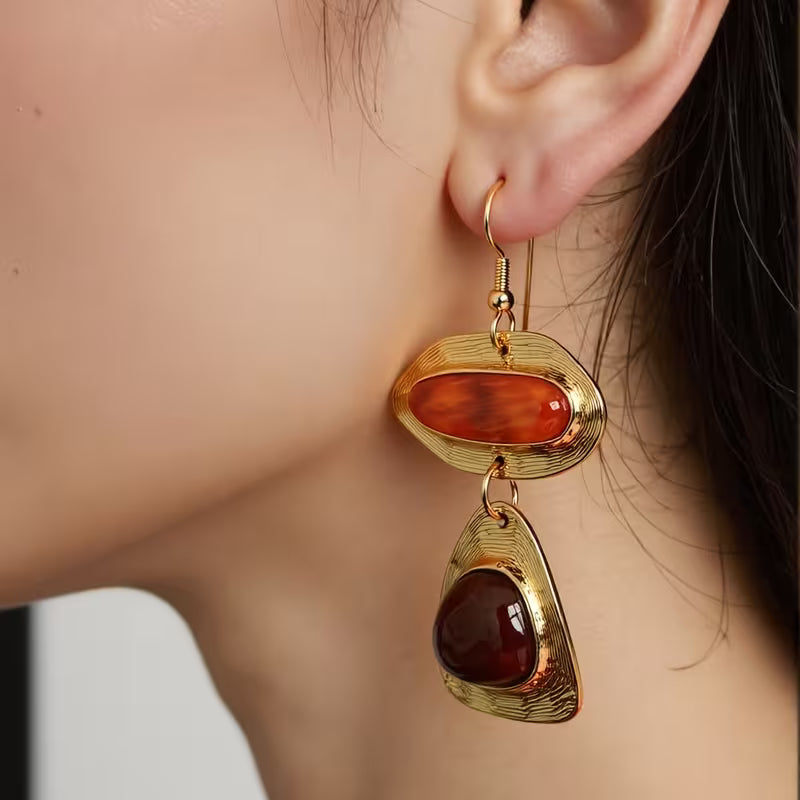 Vintage Resin Long Dangle Earrings with Ear Hooks, Versatile High-Grade Fashion Light Luxury