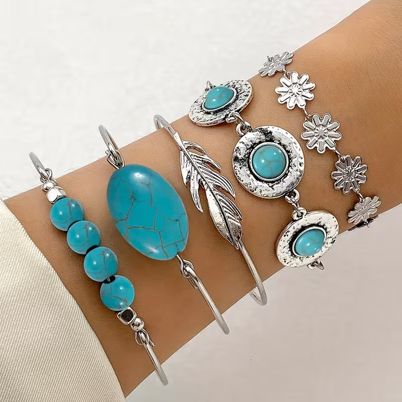 5pcs Vintage Boho Style Turquoise Mosaic Bracelet Set | Ethnic Floral and Feather Design, Iron Material, Ideal for Gifts and Parties