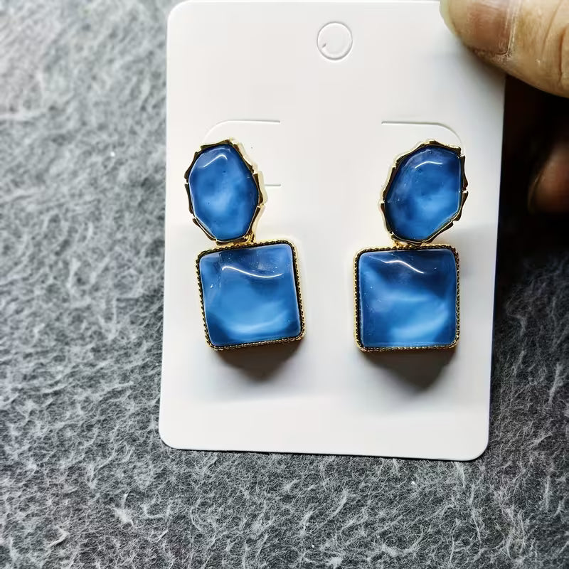 Elegant Boho Chic Irregular Square & Oval Resin Earrings - French-Inspired, Versatile Golden-Tone Dangle Earrings with Stainless Steel Posts for Daily Wear and Parties, Quirky Earring
