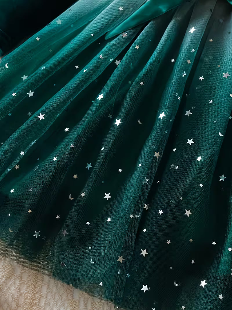 New Autumn And Winter Long-Sleeve Dress for Girls, Korean Style Star Gradient Tulle Princess Dress for Christmas