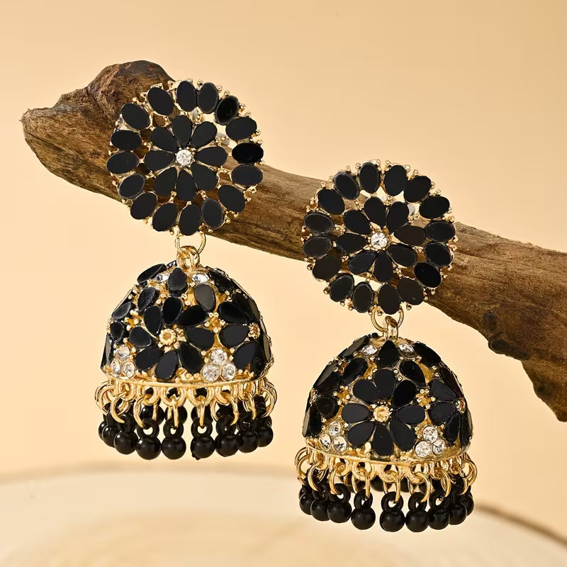 Bohemian Style Ramadan Pendant Earrings, Featuring a Floral Design with Rhinestones And JHUMKA Pendants Paired with Round Bead Tassels, Made of Zinc Alloy, Suitable for Women'S Daily Wear, Festivals, Weddings, And Parties, Or As Gifts