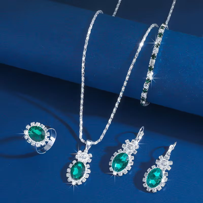Vintage Luxury Women's Jewelry Set - 5pcs Green Oval Pendant Necklace, Ring, Earrings, and Bracelet - Elegant Fashion for Casual Attire or Gifting