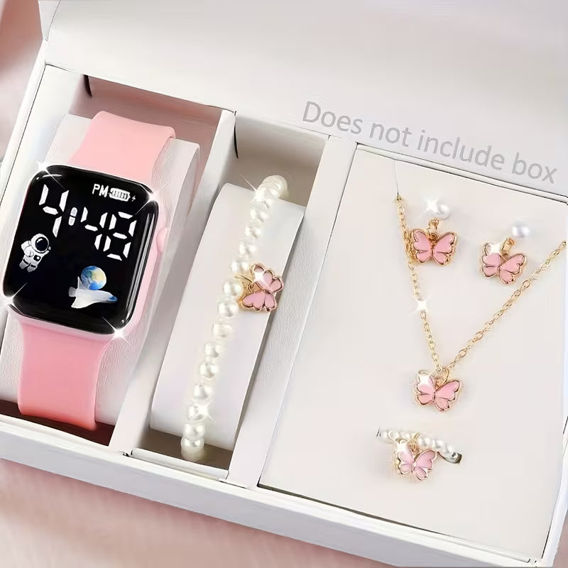 6Pcs Watches for Women Set Fashion Trend Exquisite Small White Silicone Electronic Watch Bracelet Necklace Ring Earrings Friends Birthday Gift Girlfriend Boyfriend Travel Vacation Graduation Season The Best Choice for Gifts