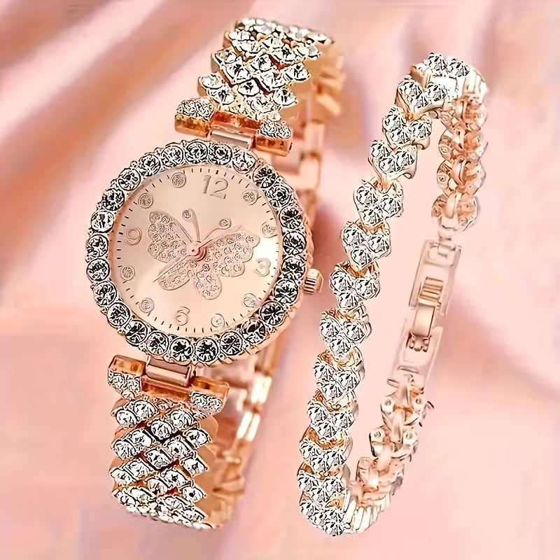 2pcs Elegant Butterfly Quartz Watch & Ladies Jewelry Set - Perfect Gift, Eternal Style and Exquisite Design, Zinc Alloy Strap and Zinc Alloy Case, Quartz Movement, Accurate, Durable, Fashionable Women's Gift, Especially Suitable for Mother's Day, Valentin