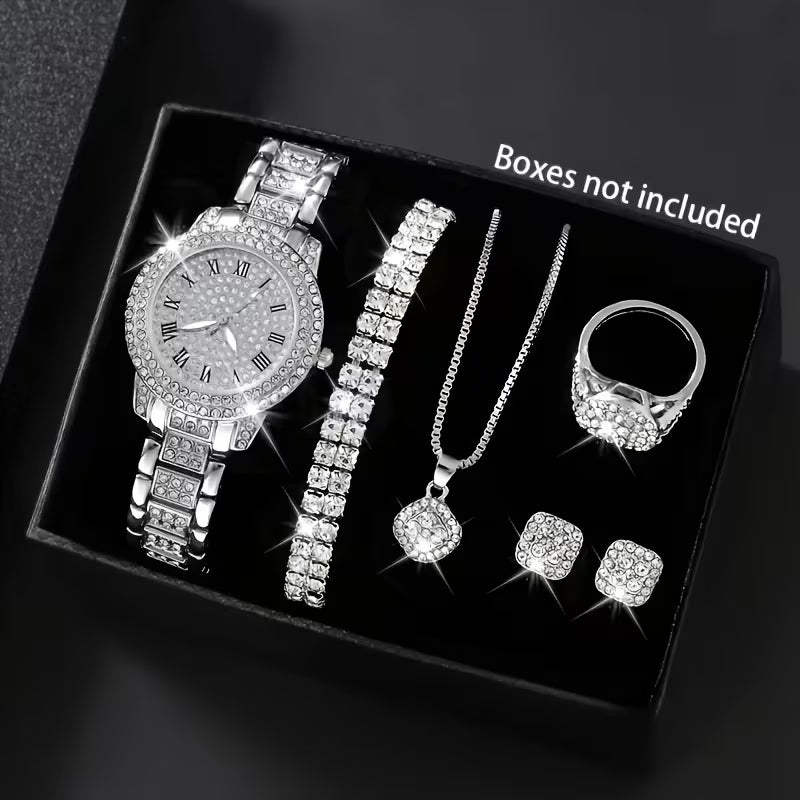 7pcs Women's Quartz Watch Concept Dial Fashion Wristwatch with Bracelet, Necklace, Ring, and Earrings Set - Perfect for Birthday Gifts and Holiday Parties, Suitable for Ladies and Students