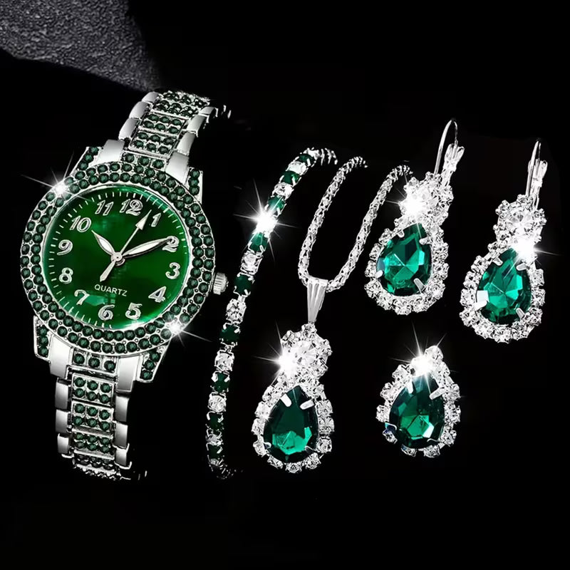 6 Women'S Outfit Sets: a Green Bezel Quartz Watch And Teardrop-Shaped Additions - Elegant Pieces for Everyday Use, Perfect As Gifts