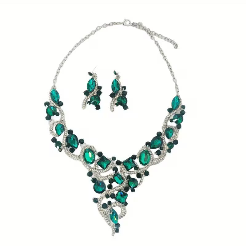 3pcs set of green and blue necklace and earrings, stylish and luxurious, suitable for daily gifts and various live ceremonies, party accessories for women.