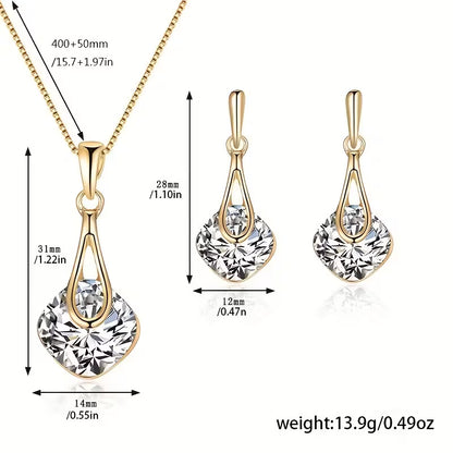 Elegant Women'S Jewelry Set - Chic Square Pendant Necklace & Teardrop Earrings, Golden-Tone with Sparkling Artificial Crystal - Ideal for Parties, Weddings, Birthdays, and Special Occasions, Wedding Jewelry|Geometric Pendant Design|Zinc Alloy, Necklace Ea