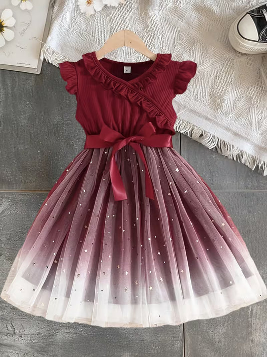 A Vintage Elegant Starry Sky Sequined Mesh Ruffled Lace Hem Princess Dress with a Belt, Perfect for Christmas, Valentine'S Day Gifts, Holiday Parties, Gatherings, Birthdays, Evening Events, Or Everyday Wear