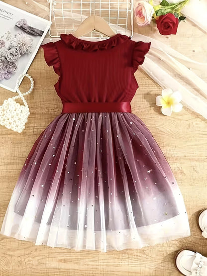 A Vintage Elegant Starry Sky Sequined Mesh Ruffled Lace Hem Princess Dress with a Belt, Perfect for Christmas, Valentine'S Day Gifts, Holiday Parties, Gatherings, Birthdays, Evening Events, Or Everyday Wear