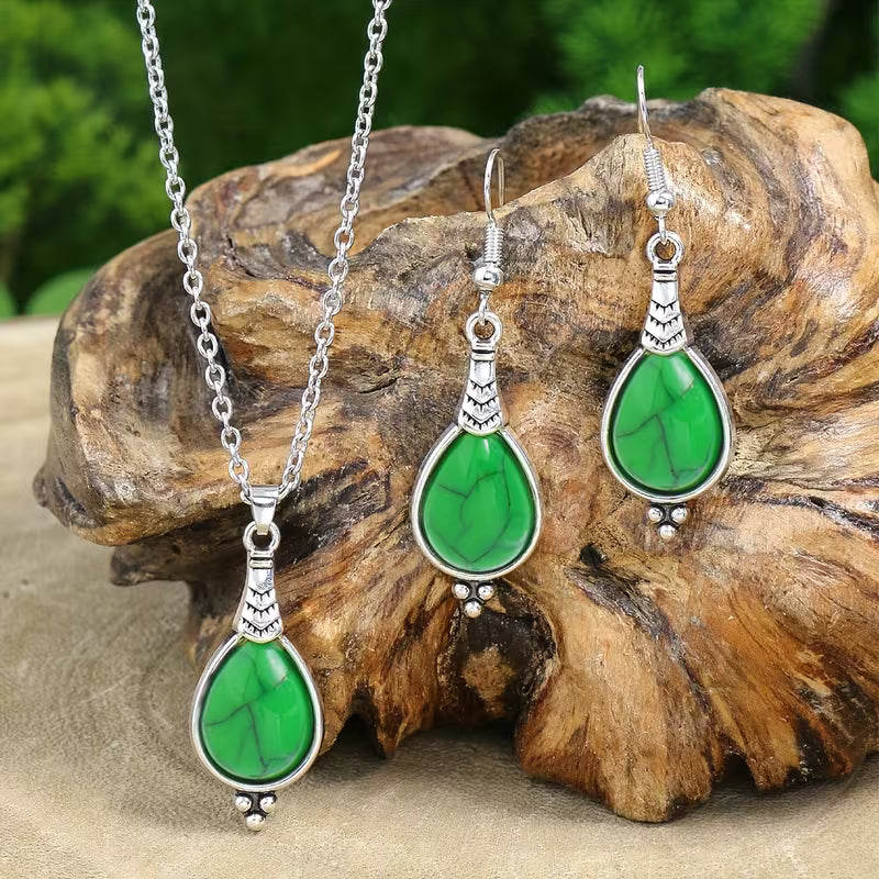 3pcs Bohemian Vintage Style Women's Jewelry Set, Silvery Teardrop Zinc Alloy with Yellow Acrylic Earrings and Necklace Set, Simple and Stylish, Versatile for All Seasons