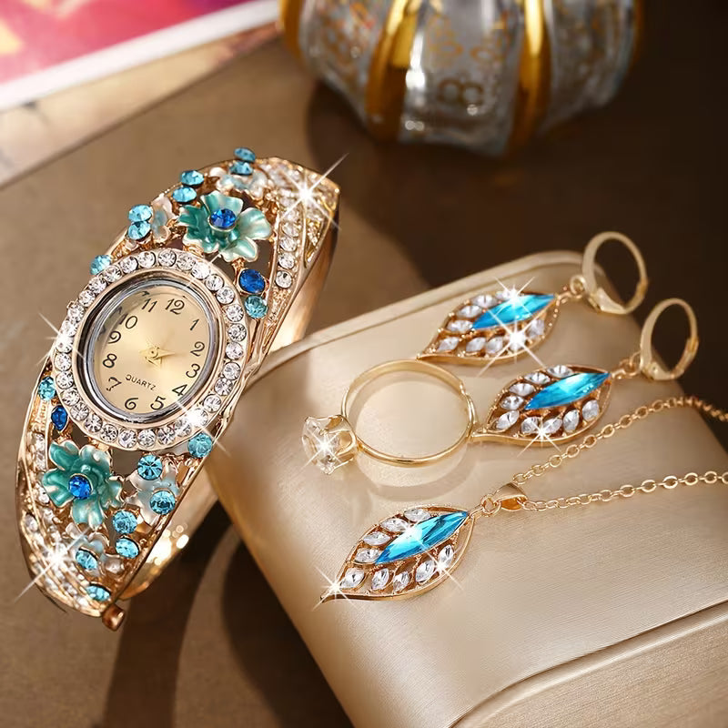 5pcs Women's Luxury Quartz Watch & Jewelry Set with, Round Wrist Watch, Necklace & Bracelet - Elegant Zinc Alloy Case/, Matching Accessory Set for Birthdays, Valentine's Day Gifts for Her, Casual Attire