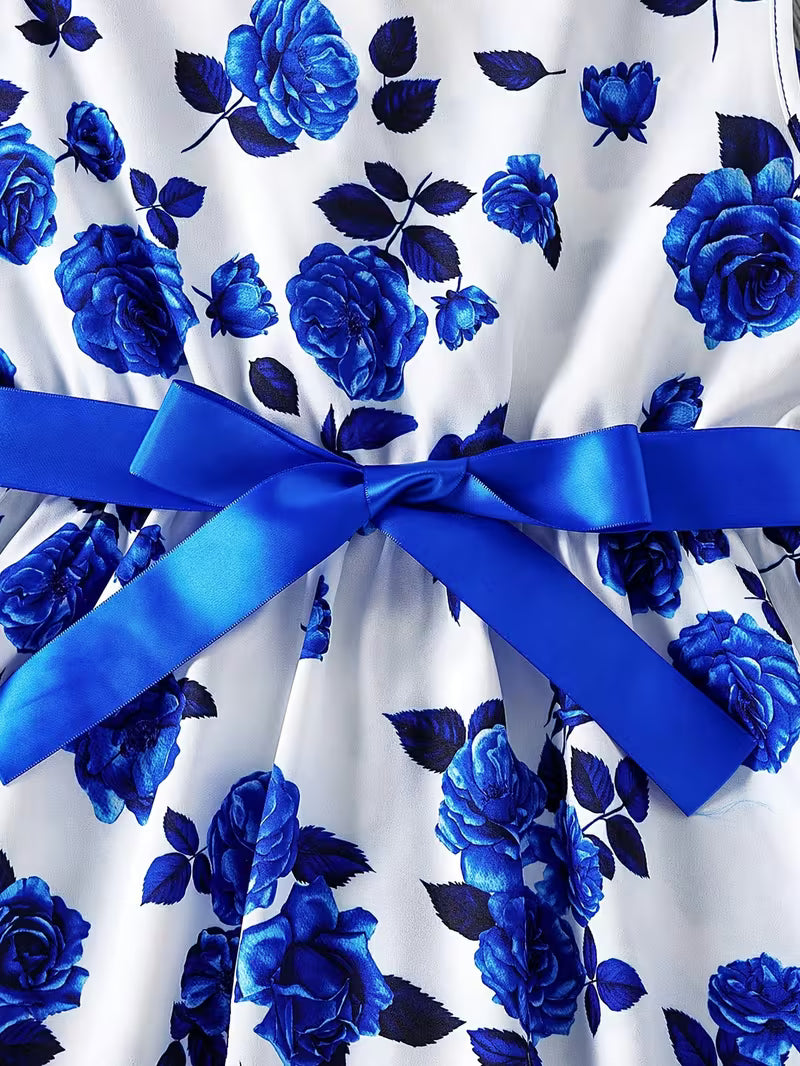 A Sweet Two-Piece Dress Set for Girls Featuring a Fresh Floral Print And Ruffled Hem, Perfect for Vacations And Travel, for Outdoor