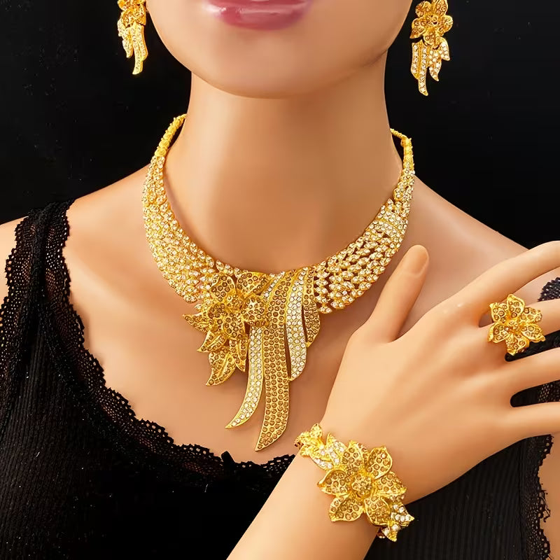 5pcs Women's Jewelry Set Elegant Floral & Leaf Multicolor Sparkling Necklace, Earrings, Bracelet & Adjustable Ring for Wedding, Party, Valentine's Gift - Year-Round Wearable for Special Occasions, Complete Matching Set