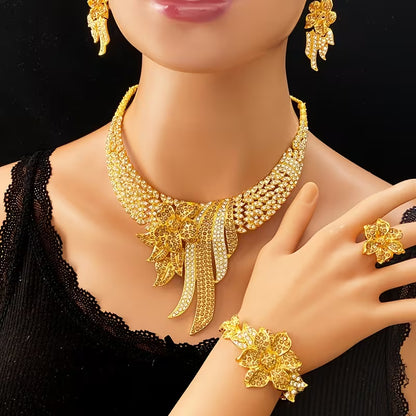 5pcs Women's Jewelry Set Elegant Floral & Leaf Multicolor Sparkling Necklace, Earrings, Bracelet & Adjustable Ring for Wedding, Party, Valentine's Gift - Year-Round Wearable for Special Occasions, Complete Matching Set