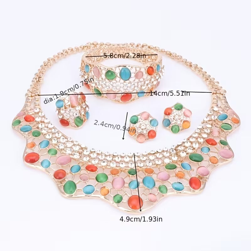 Elegant Jewelry Collection for Women Featuring Faux Cat'S Eye, Rhinestones, And a Golden Necklace, Earrings, Bangle, And Ring, Perfect for Banquets And Proms