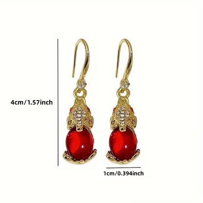 1 Pair of Chinese-Style Retro Mythical Beast Pixiu-Shaped Dangle Earrings, Fashionable, Elegant, Luxurious and Versatile Palace-Style Earrings Inlaid with Red Resin, Fashion Jewelry, Exquisite Christmas and New Year Gifts, for Teenager