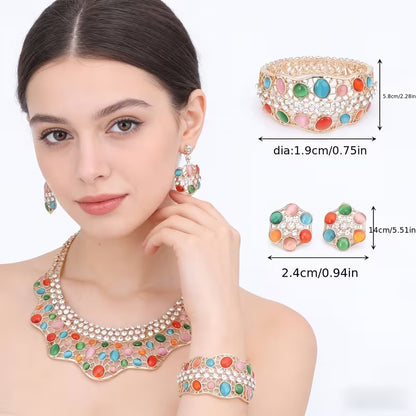 Elegant Jewelry Collection for Women Featuring Faux Cat'S Eye, Rhinestones, And a Golden Necklace, Earrings, Bangle, And Ring, Perfect for Banquets And Proms