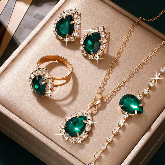 5pcs Elegant Green Rhinestone Jewelry Set for Women - Sparkling Rhinestone Studded Matching Necklace, Earrings, Bracelet & Ring, Year-Round Wear for Daily & Party, Perfect,, Weddings ( Beauty, No