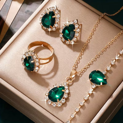 5pcs Elegant Green Rhinestone Jewelry Set for Women - Sparkling Rhinestone Studded Matching Necklace, Earrings, Bracelet & Ring, Year-Round Wear for Daily & Party, Perfect,, Weddings ( Beauty, No