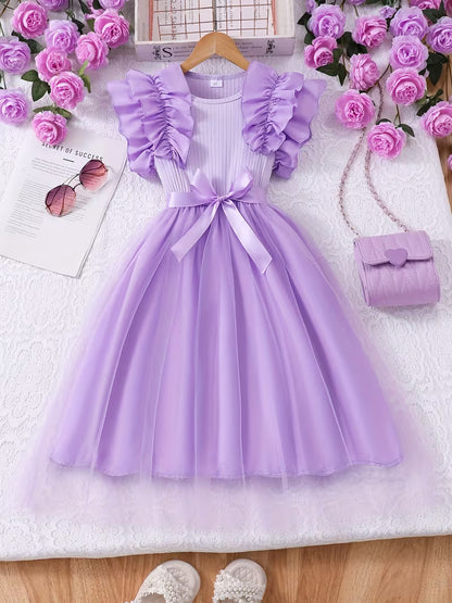 Sweet Style Dress for, a Fashionable Solid Color Summer Dress with a Comfortable Round Neck And Mesh for Casual Wear