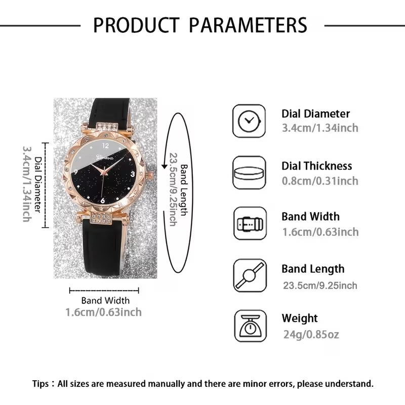 A 5pcs Set Featuring a Women'S Sparkling Rhinestone Quartz Watch with Simulated Faux Leather, Along with a Jewelry Set. It Has a Stylish Round Dial And a Zinc Alloy Case, Making It a Perfect Gift for Mother'S Day, Birthdays, Ramadan