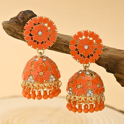 Bohemian Style Ramadan Pendant Earrings, Featuring a Floral Design with Rhinestones And JHUMKA Pendants Paired with Round Bead Tassels, Made of Zinc Alloy, Suitable for Women'S Daily Wear, Festivals, Weddings, And Parties, Or As Gifts