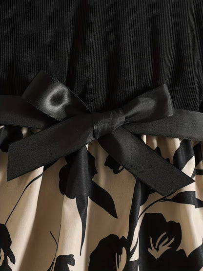 Graceful Girls' Dress - Black Long-Sleeve Top with Floral Print Skirt and Sweet Bow Belt, Perfect for Spring and Autumn Seasons