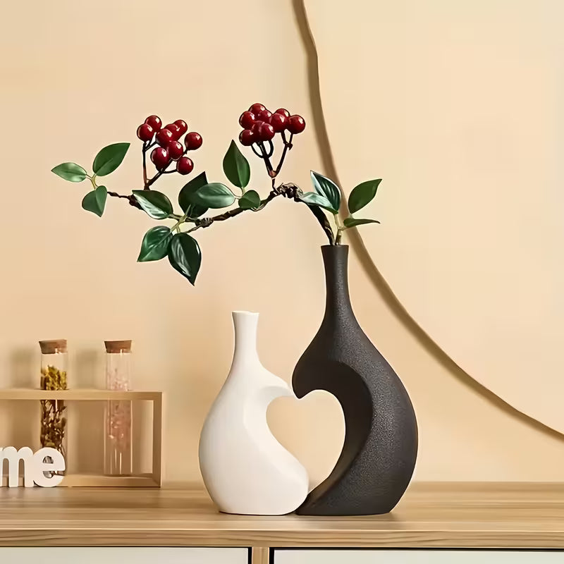 2pcs Modern Bohemian Black & White Bell Vase Set with Heart Decor - Plastic Flower Vases for Home, Wedding, Table Centerpiece - Bell-Shaped Vase & Heart Accent, Easy Assembly with Real/Dry Flowers, Space-Saving Decorative Vase Combo Gift