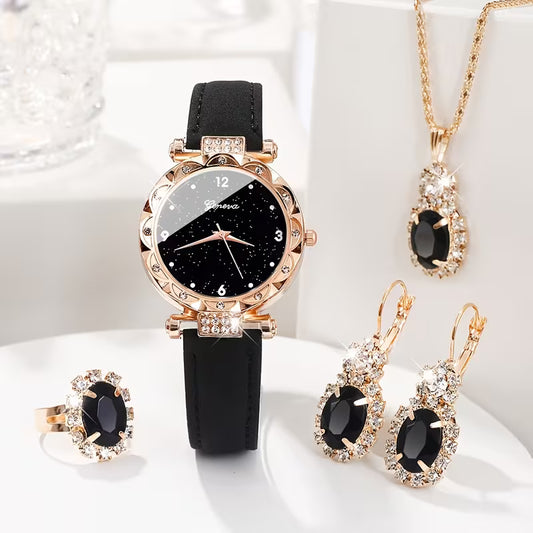 A 5pcs Set Featuring a Women'S Sparkling Rhinestone Quartz Watch with Simulated Faux Leather, Along with a Jewelry Set. It Has a Stylish Round Dial And a Zinc Alloy Case, Making It a Perfect Gift for Mother'S Day, Birthdays, Ramadan