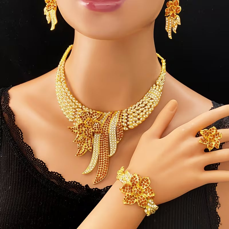 5pcs Women's Jewelry Set Elegant Floral & Leaf Multicolor Sparkling Necklace, Earrings, Bracelet & Adjustable Ring for Wedding, Party, Valentine's Gift - Year-Round Wearable for Special Occasions, Complete Matching Set