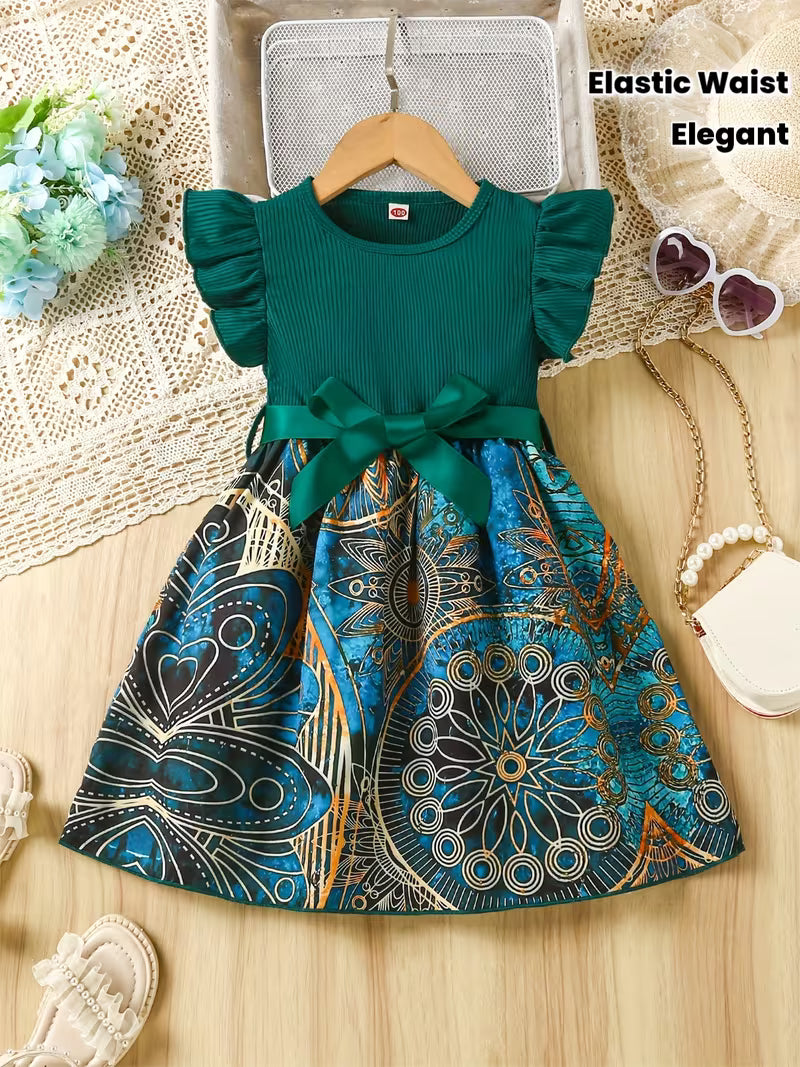 Summer Girls' Dress with Ribbon Belt, Peplum Sleeves, Fine Ribbed Round Neck, Elastic Waist, Ethnic Peacock Print, Princess Court Style, Color Block Design, Suitable for Dates, Parties, Gatherings, and School Style, Elegant