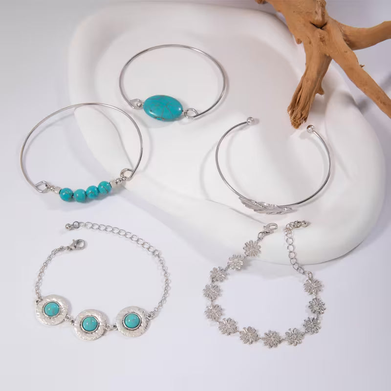 5pcs Vintage Boho Style Turquoise Mosaic Bracelet Set | Ethnic Floral and Feather Design, Iron Material, Ideal for Gifts and Parties