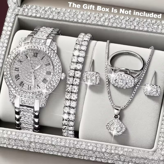 6pcs Luxury Versatile Women's Quartz Watch + Elegant Jewelry Set