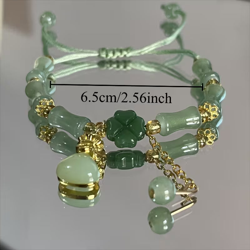 1pc Lucky Four-Leaf Clover Coin Purse Bracelet - Green Beads & Lucky Elements, Resin Glass Texture, Tribal Style, Perfect Mother'S Day Gift, Daily Wear, Party Occasion