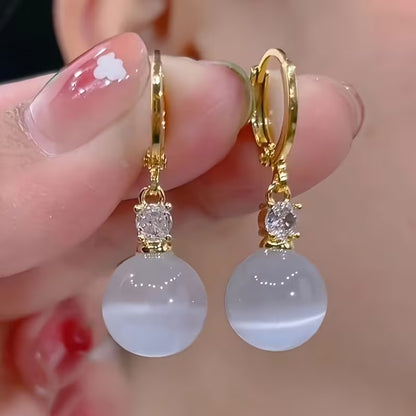 1PAIR Elegant White Faux Cat Eye Stone Earrings for Women | Delicate Design, Lightweight, Comfortable Wear, KC Golden Plated, 925 Silver Ear Needle, Perfect Gift for Style Lovers