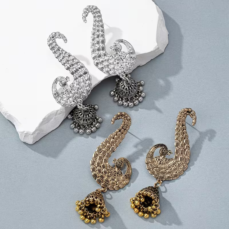 A Pair of Elegant Vintage Indian-Style Peacock Chandelier Earrings for Women, Perfect for Festivals, Birthdays, Dates, Parties, And Vacations