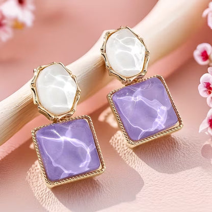 Elegant Boho Chic Irregular Square & Oval Resin Earrings - French-Inspired, Versatile Golden-Tone Dangle Earrings with Stainless Steel Posts for Daily Wear and Parties, Quirky Earring