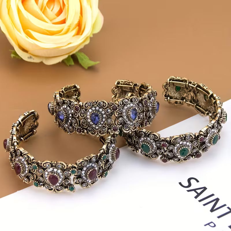 1pc Exquisite Vintage Turkish Women's Bracelet, C-Shape Design for Wrist Circumference Under 17cm & Diameter Below 5.4cm, Metal Arabic Pattern with Rhinestone Inlay, Middle Eastern Mediterranean Court Jewelry, Traditional European Wedding Bridal Accessory