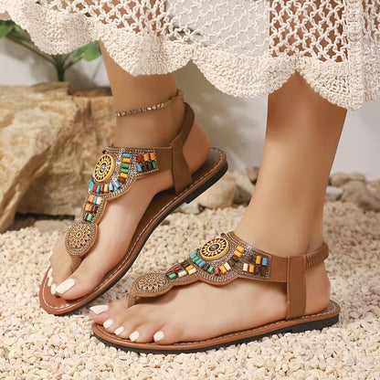 Summer New Vintage Bohemian Ethnic Style Casual Soft Sole Slip-On Sandals, Women Shoes