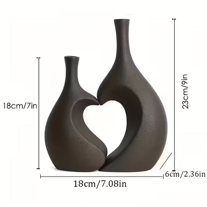 2pcs Modern Bohemian Black & White Bell Vase Set with Heart Decor - Plastic Flower Vases for Home, Wedding, Table Centerpiece - Bell-Shaped Vase & Heart Accent, Easy Assembly with Real/Dry Flowers, Space-Saving Decorative Vase Combo Gift