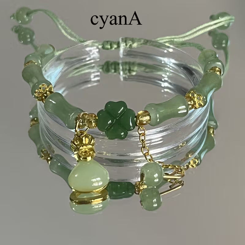 1pc Lucky Four-Leaf Clover Coin Purse Bracelet - Green Beads & Lucky Elements, Resin Glass Texture, Tribal Style, Perfect Mother'S Day Gift, Daily Wear, Party Occasion
