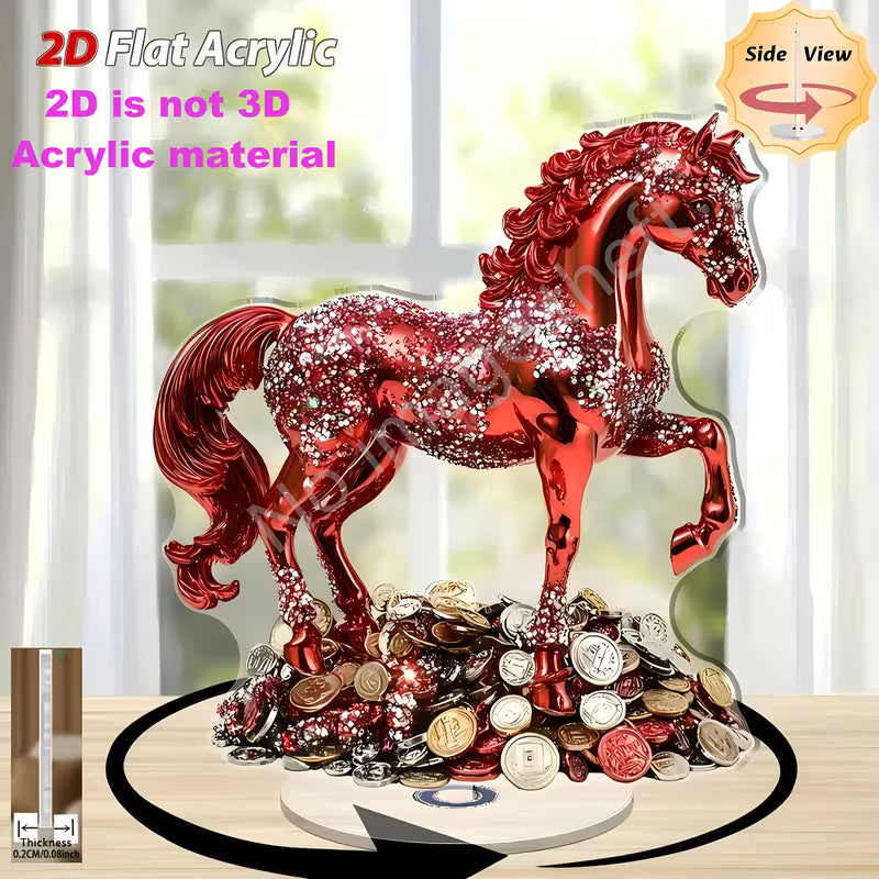 2D Flat, 2D Flat Rotating Red Horse Desktop Decoration- Sparkling Ornament, No Power Required, Suitable Home, Office, Party- Elegant Modern Interior, Desktop Decoration, 2D Flat
