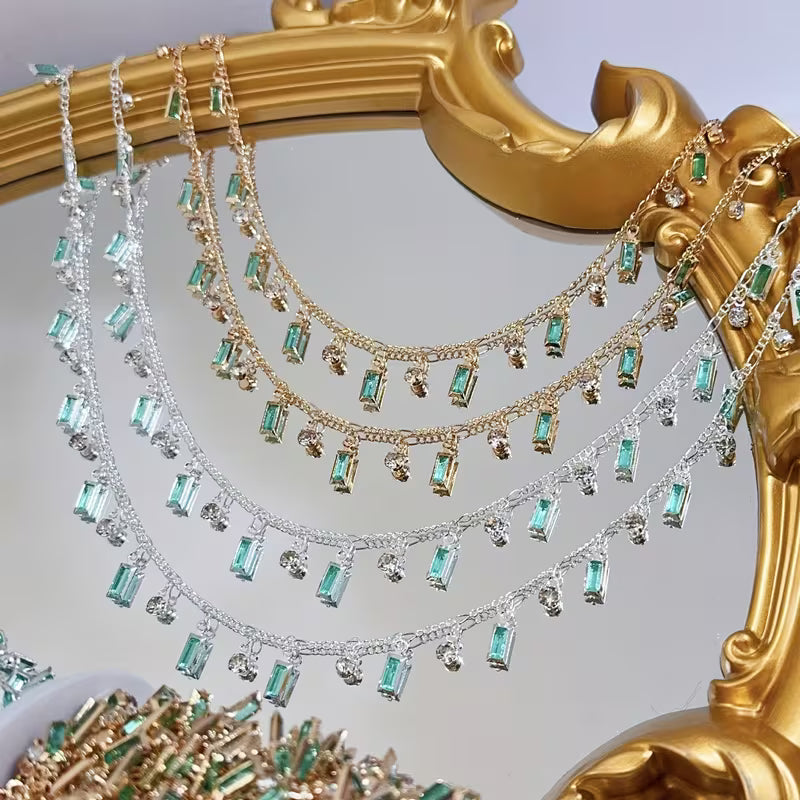 1 Meter Mint Green Rectangular Glass Pendant with Rhinestone Decoration, Copper Chain for Jewelry Making Additions, Jewelry Chain