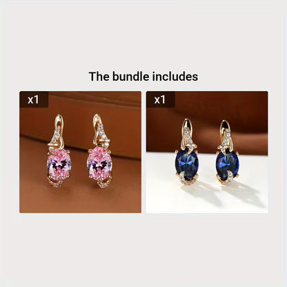 18K Gold Plated Blue Stone Stud Earrings Trendy Women Round Oval Cut White Blue Red Pink Stone Drop Earrings Anniversary Claw Earrings Jewelry