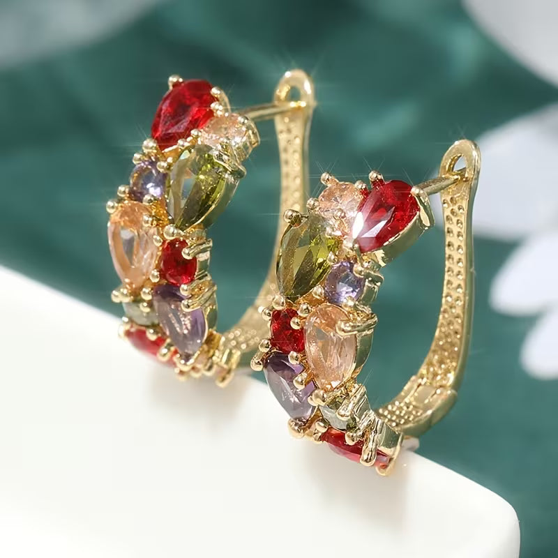 Women's Teardrop Synthetic Zirconia Hoop Earrings with KC & Copper Inlay - Multi-Color (///) Bohemian Luxury Suitable for Birthdays, Christmas Gifts, Parties & Daily Wear